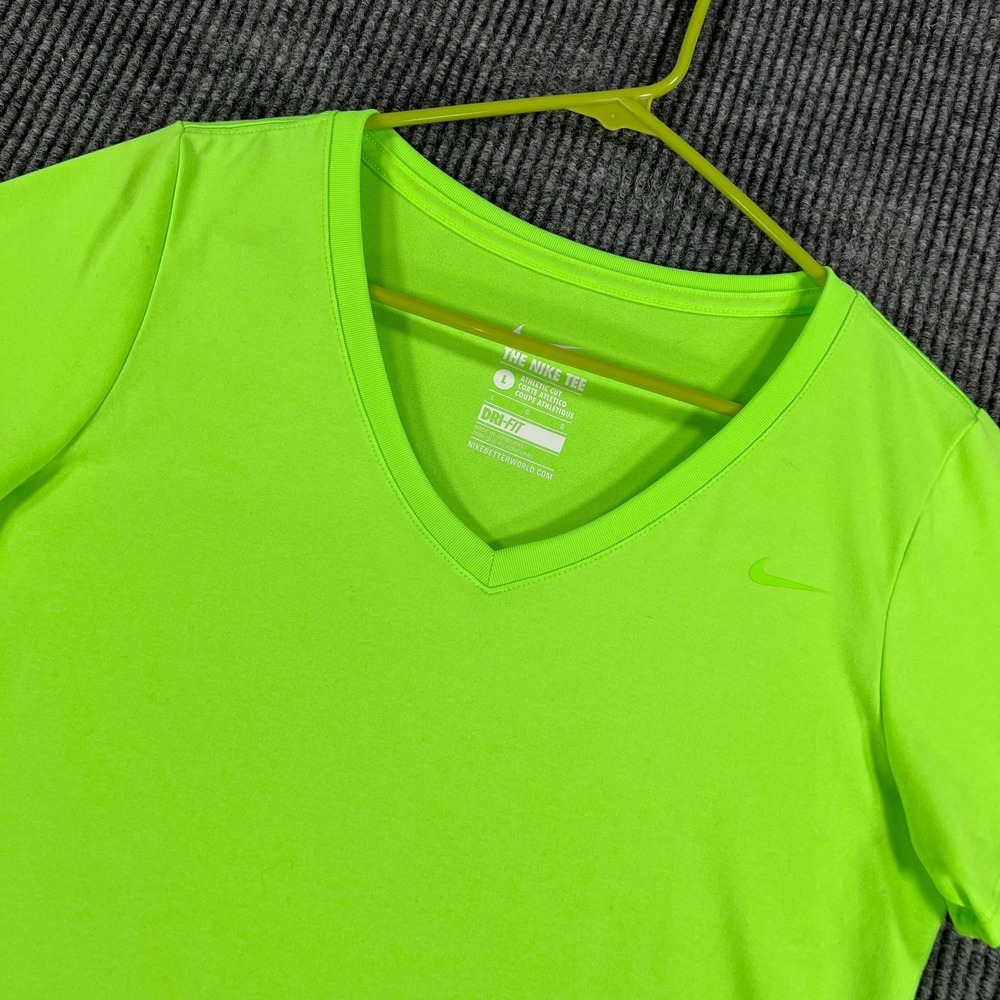 Nike Dri Fit Shirt Womens Large Green Short sleeve V Neck Workout Active Gym
